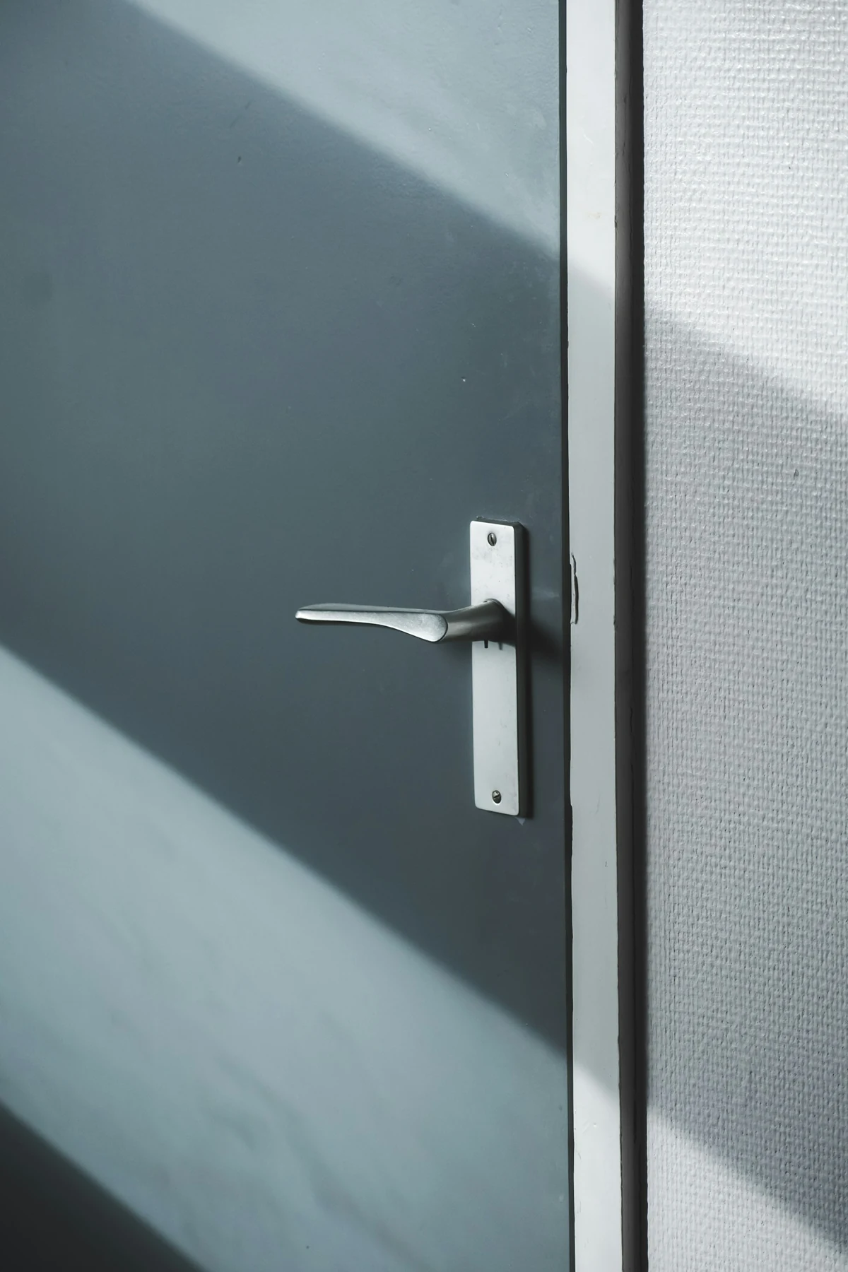 Door hardware detail: a silver lever on a grey door, shown for inspiration